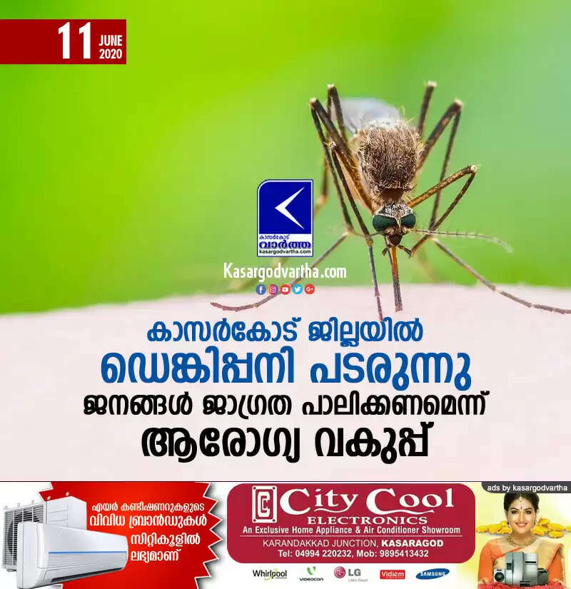 കാസര്കോട് ജില്ലയില് ഡെങ്കിപ്പനി പടരുന്നു; ജനങ്ങള് ജാഗ്രത പാലിക്കണമെന്ന് ആരോഗ്യ വകുപ്പ്