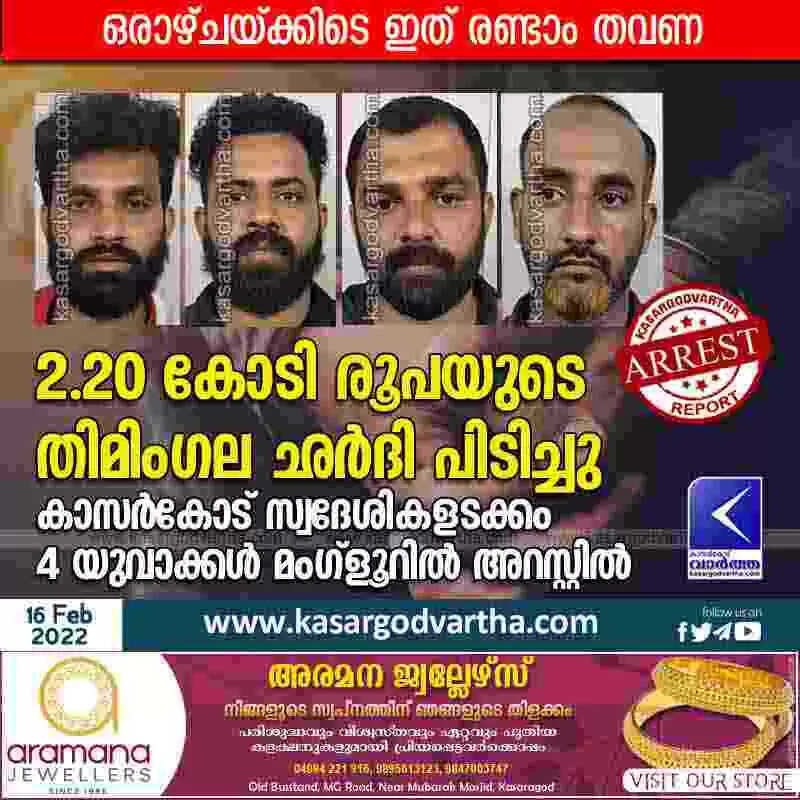 2.20 കോടി രൂപയുടെ തിമിംഗല ഛർദി പിടിച്ചു; കാസർകോട് സ്വദേശികളടക്കം 4 യുവാക്കൾ മംഗ്ളൂറിൽ അറസ്റ്റിൽ