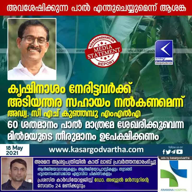 കൃഷിനാശം നേരിട്ടവർക്ക് അടിയന്തര സഹായം നൽകണമെന്ന് അഡ്വ. സി എച് കുഞ്ഞമ്പു എംഎൽഎ; 60 ശതമാനം പാൽ മാത്രമേ ശേഖരിക്കൂവെന്ന മിൽമയുടെ തീരുമാനം ഉപേക്ഷിക്കണം