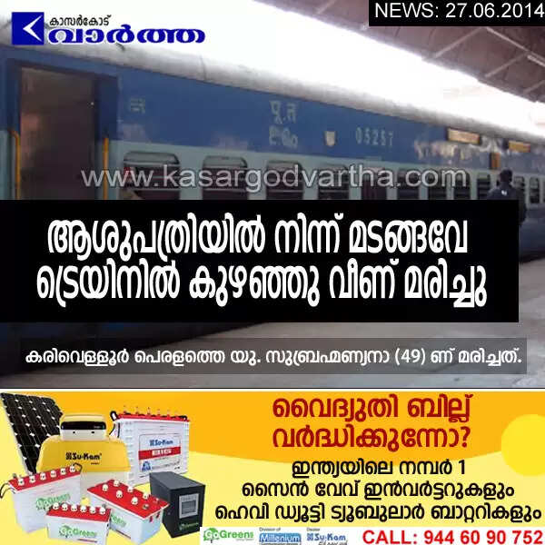 ആശുപത്രിയില് നിന്ന് മടങ്ങവേ ട്രെയിനില് കുഴഞ്ഞു വീണ് മരിച്ചു