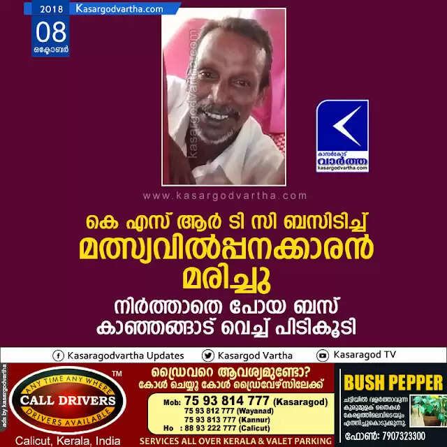 കെ എസ് ആര് ടി സി ബസിടിച്ച് മത്സ്യവില്പ്പനക്കാരന് മരിച്ചു; നിര്ത്താതെ പോയ ബസ് കാഞ്ഞങ്ങാട് വെച്ച് പിടികൂടി