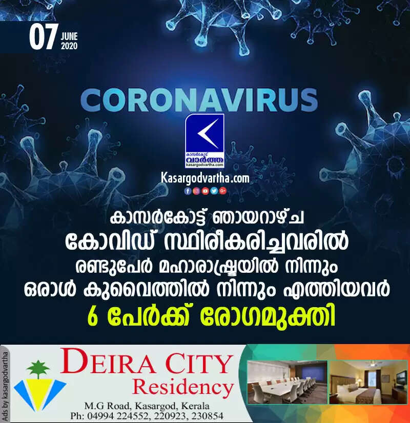 കാസര്കോട്ട് ഞായറാഴ്ച കോവിഡ് സ്ഥിരീകരിച്ചവരില് രണ്ടുപേര് മഹാരാഷ്ട്രയില് നിന്നും ഒരാള് കുവൈത്തില് നിന്നും എത്തിയവര്; 6 പേര്ക്ക് രോഗമുക്തി
