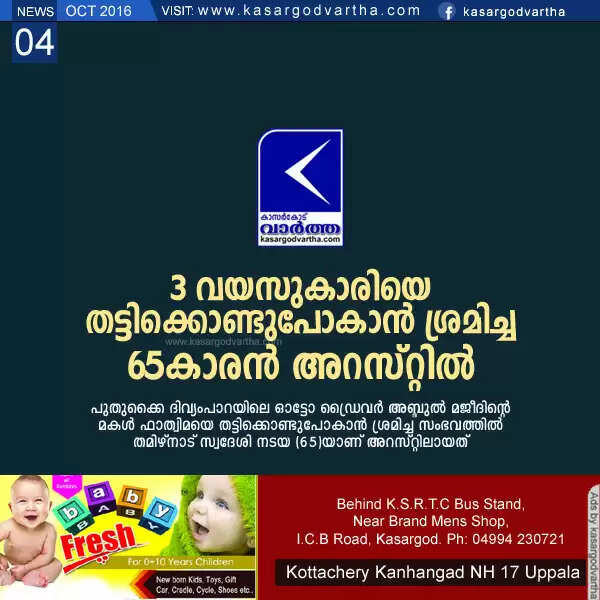 3 വയസുകാരിയെ തട്ടിക്കൊണ്ടുപോകാന് ശ്രമിച്ച 65കാരന് അറസ്റ്റില്