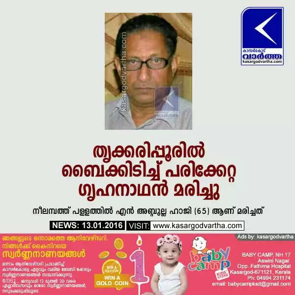 തൃക്കരിപ്പൂരില് ബൈക്കിടിച്ച് പരിക്കേറ്റ ഗൃഹനാഥന് മരിച്ചു