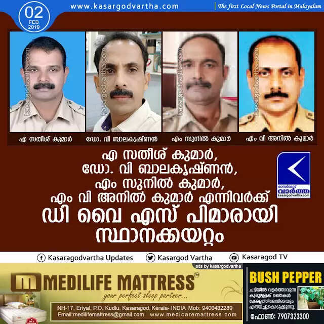 എ സതീശ് കുമാര്, ഡോ. വി ബാലകൃഷ്ണന്, എം സുനില് കുമാര്, എം വി അനില് കുമാര് എന്നിവര്ക്ക് ഡി വൈ എസ് പിമാരായി സ്ഥാനക്കയറ്റം