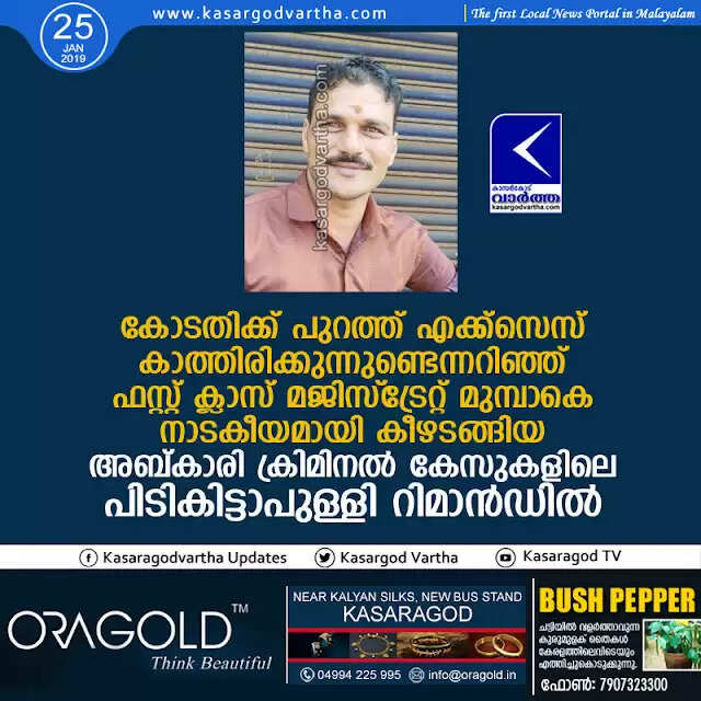 കോടതിക്ക് പുറത്ത് എക്സൈസ് കാത്തിരിക്കുന്നുണ്ടെന്നറിഞ്ഞ് ഫസ്റ്റ് ക്ലാസ് മജിസ്ട്രേറ്റ് മുമ്പാകെ നാടകീയമായി കീഴടങ്ങിയ അബ്കാരി ക്രിമിനല് കേസുകളിലെ പിടികിട്ടാപുള്ളി റിമാന്ഡില്