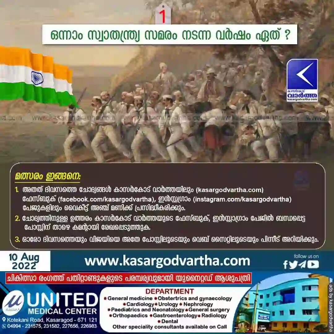 Quiz | ക്വിസ് നമ്പര് 1: കാസര്കോട് വാര്ത്ത - സ്വാതന്ത്ര്യ ദിന ക്വിസ് മത്സരം