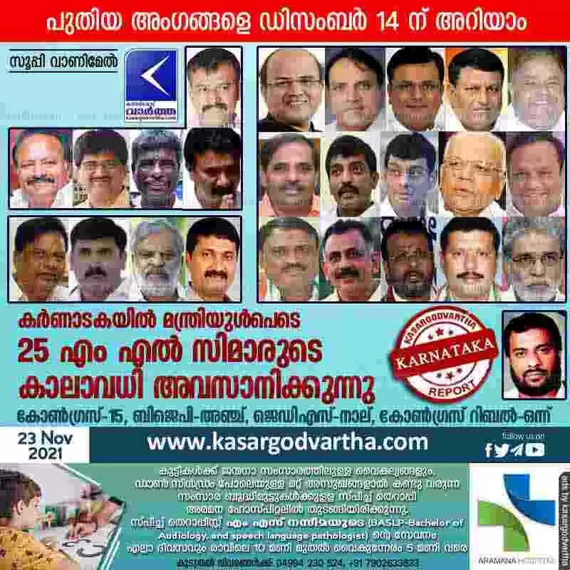 കർണാടകയിൽ മന്ത്രിയുൾപെടെ 25 എം എൽ സിമാരുടെ കാലാവധി അവസാനിക്കുന്നു; കോൺഗ്രസ്-15, ബിജെപി-അഞ്ച്, ജെഡിഎസ്-നാല്, കോൺഗ്രസ് റിബൽ-ഒന്ന്