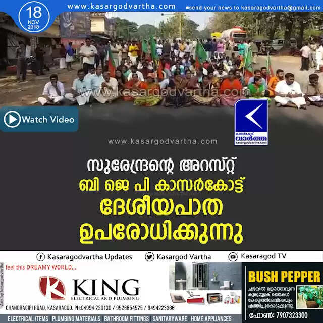 സുരേന്ദ്രന്റെ അറസ്റ്റ്; ബി ജെ പി കാസര്കോട്ട് ദേശീയപാത ഉപരോധിക്കുന്നു