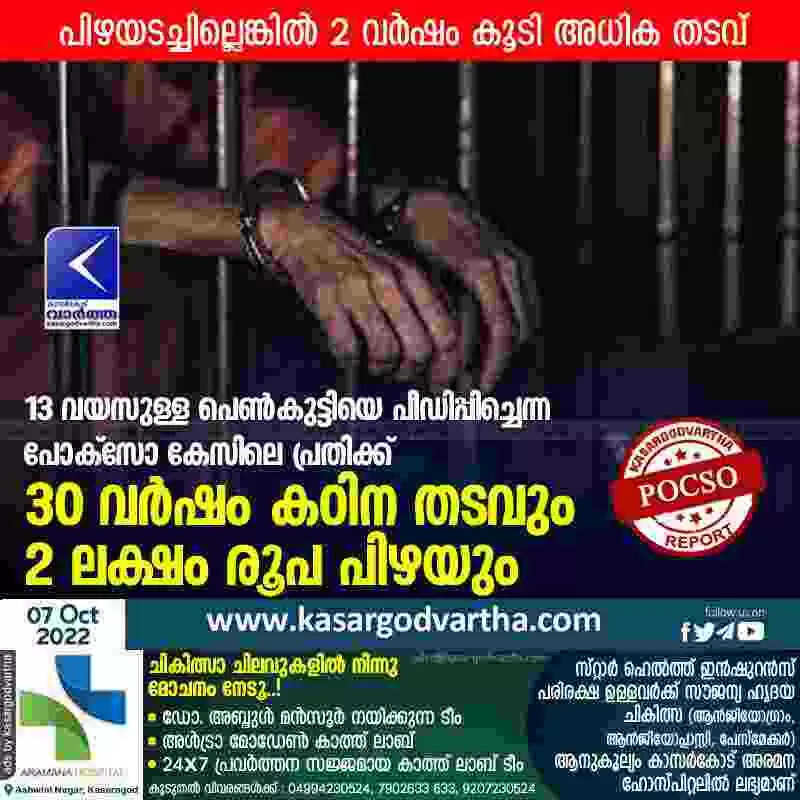 Court Verdict | 13 വയസുള്ള പെണ്കുട്ടിയെ പീഡിപ്പിച്ചെന്ന പോക്സോ കേസിലെ പ്രതിക്ക് 30 വര്ഷം കഠിന തടവും 2 ലക്ഷം രൂപ പിഴയും