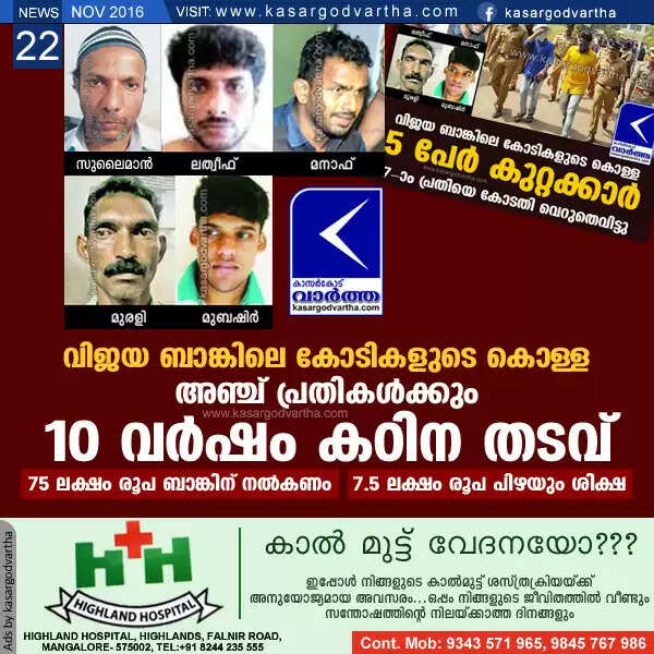 വിജയ ബാങ്കിലെ കോടികളുടെ കൊള്ള: അഞ്ച് പ്രതികള്ക്കും 10 വര്ഷം കഠിന തടവ്; 75 ലക്ഷം രൂപ ബാങ്കിന് നല്കണം, 7.5 ലക്ഷം രൂപ പിഴയും ശിക്ഷ