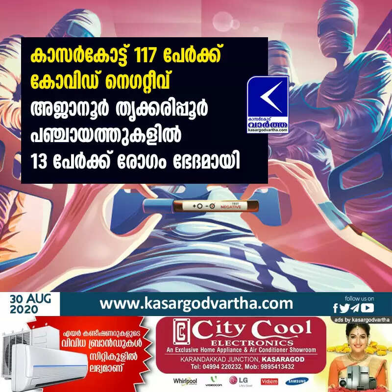 കാസർകോട്ട് 117 പേർക്ക് കോവിഡ് നെഗറ്റീവ്; അജാനൂർ തൃക്കരിപ്പൂർ പഞ്ചായത്തുകളിൽ 13 പേർക്ക് രോഗം ഭേദമായി