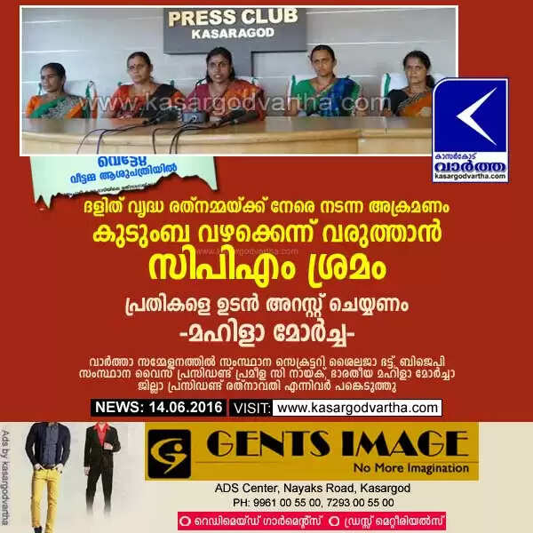 ദളിത് വൃദ്ധ രത്നമ്മയ്ക്ക് നേരെ നടന്ന അക്രമണം കുടുംബ വഴക്കെന്ന് വരുത്താന് സിപിഎം ശ്രമം; പ്രതികളെ ഉടന് അറസ്റ്റ് ചെയ്യണം: മഹിളാ മോര്ച്ച