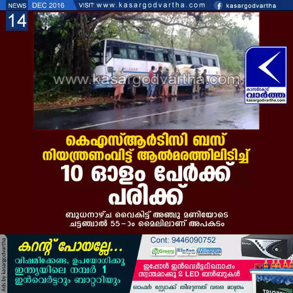 കെഎസ്ആര്ടിസി ബസ് നിയന്ത്രണംവിട്ട് ആല്മരത്തിലിടിച്ച് 10 ഓളം പേര്ക്ക് പരിക്ക്