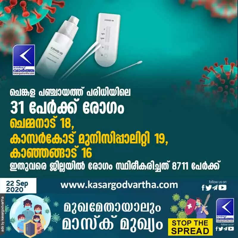 ചെങ്കള പഞ്ചായത്ത് പരിധിയിലെ 31 പേര്ക്ക് രോഗം; ചെമ്മനാട് 18, കാസര്കോട് മുനിസിപ്പാലിറ്റി 19, കാഞ്ഞങ്ങാട് 16, ഇതുവരെ ജില്ലയില് രോഗം സ്ഥിരീകരിച്ചത് 8711 പേര്ക്ക്