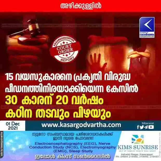 15 വയസുകാരനെ പ്രകൃതി വിരുദ്ധ പീഡനത്തിനിരയാക്കിയെന്ന കേസിൽ 30 കാരന് 20 വർഷം കഠിന തടവും 50000 രൂപ പിഴയും