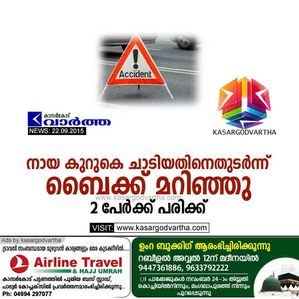 നായ കുറുകെ ചാടിയതിനെതുടര്ന്ന് ബൈക്ക് മറിഞ്ഞു; 2 പേര്ക്ക് പരിക്ക്