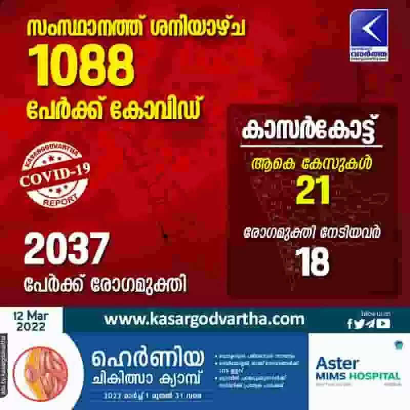 കേരളത്തില് ശനിയാഴ്ച 1088 പേര്ക്ക് കോവിഡ്: കാസർകോട് 21 പേര്