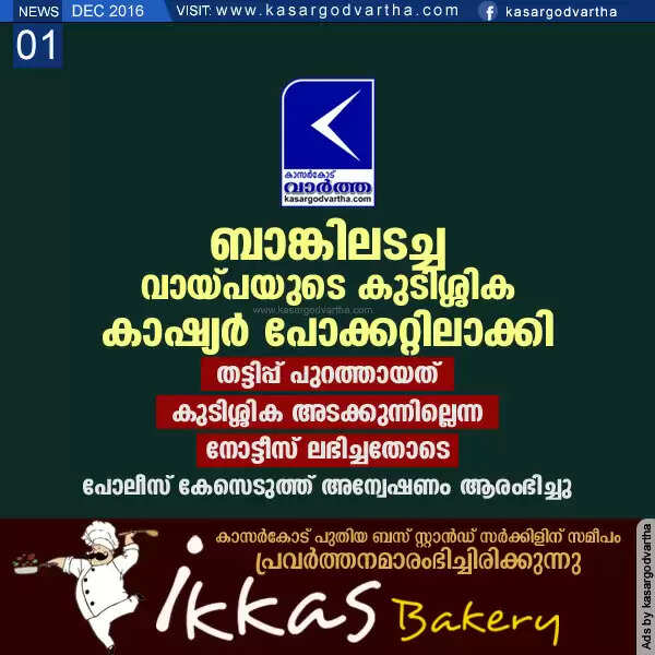 ബാങ്കിലടച്ച വായ്പയുടെ കുടിശ്ശിക കാഷ്യര് പോക്കറ്റിലാക്കി; തട്ടിപ്പ് പുറത്തായത് കുടിശ്ശിക അടക്കുന്നില്ലെന്ന നോട്ടീസ് ലഭിച്ചതോടെ, പോലീസ് കേസെടുത്ത് അന്വേഷണം ആരംഭിച്ചു