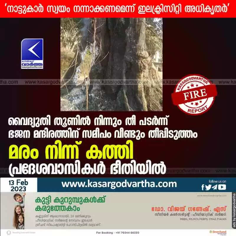 Fire | വൈദ്യുതി തൂണിൽ നിന്നും തീ പടർന്ന് ഭജന മന്ദിരത്തിന് സമീപം വീണ്ടും തീപ്പിടുത്തം; മരം നിന്ന് കത്തി; പ്രദേശവാസികൾ ഭീതിയിൽ
