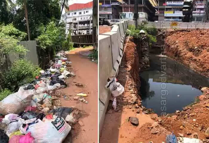 Drain waste | ദേശീയപാത നിർമാണ പ്രവൃത്തികൾക്കായി കുഴിയെടുത്തപ്പോൾ ഉപ്പളയിൽ ദൃശ്യമായത് മലിനജലം കെട്ടിക്കിടക്കുന്നത്; പ്രദേശം ചീഞ്ഞ് നാറുന്നു; മാലിന്യ പ്രശ്നത്തിൽ പൊറുതിമുട്ടുന്ന ജനങ്ങൾക്ക് മറ്റൊരു ദുരിതം കൂടി