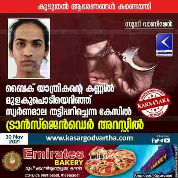 ബൈക് യാത്രികന്റെ കണ്ണിൽ മുളകുപൊടിയെറിഞ്ഞ് സ്വർണമാല തട്ടിപ്പറിച്ചെന്ന കേസിൽ ട്രാൻസ്ജെൻഡെർ അറസ്റ്റിൽ
