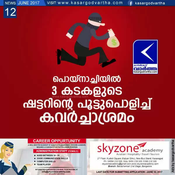 പൊയ്നാച്ചിയില് 3 കടകളുടെ ഷട്ടറിന്റെ പൂട്ടുപൊളിച്ച് കവര്ച്ചാശ്രമം