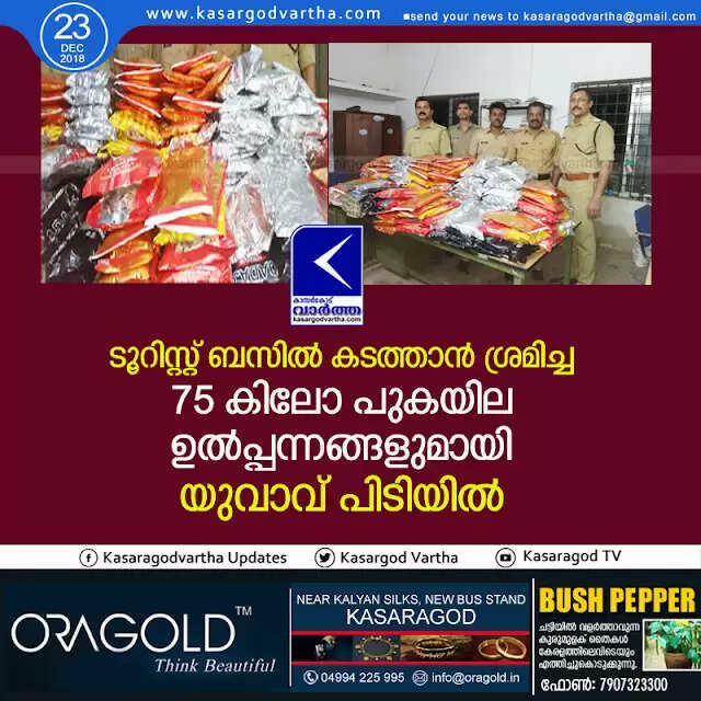 ടൂറിസ്റ്റ് ബസില് കടത്താന് ശ്രമിച്ച 75 കിലോ പുകയില ഉല്പ്പന്നങ്ങളുമായി യുവാവ് പിടിയില്