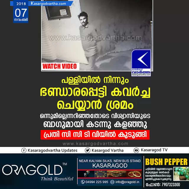 പള്ളിയില് നിന്നും ഭണ്ഡാരപ്പെട്ടി കവര്ച്ച ചെയ്യാന് ശ്രമം; ഒന്നുമില്ലെന്നറിഞ്ഞതോടെ വിശ്വാസിയുടെ ബാഗുമായി കടന്നു കളഞ്ഞു, പ്രതി സി സി ടി വിയില് കുടുങ്ങി