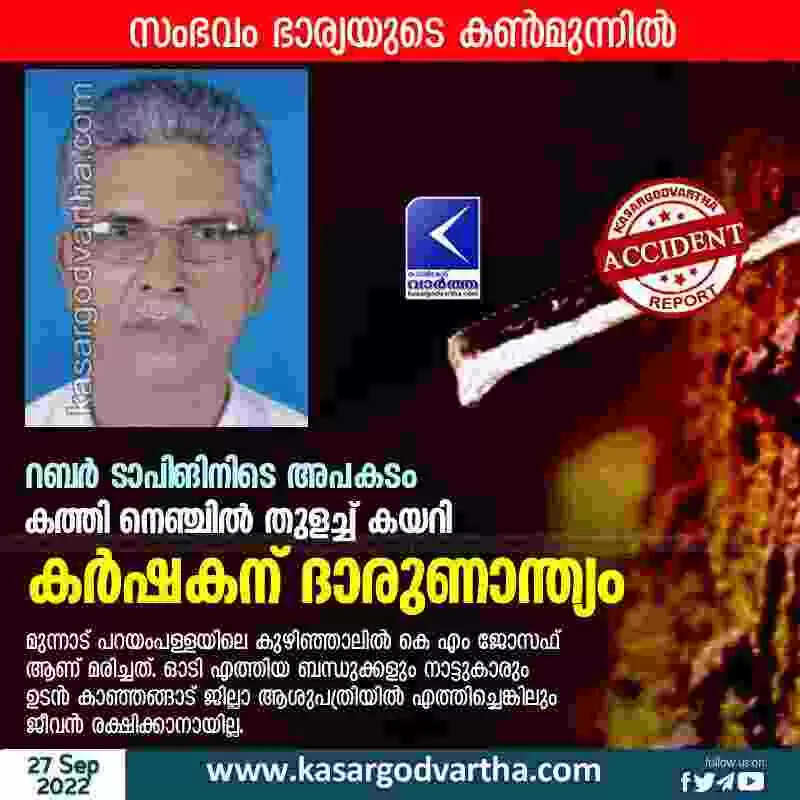 Farmer died | റബര് ടാപിങിനിടെ അപകടം; കത്തി നെഞ്ചില് തുളച്ച് കയറി കര്ഷകന് ദാരുണാന്ത്യം; സംഭവം ഭാര്യയുടെ കണ്മുന്നില്