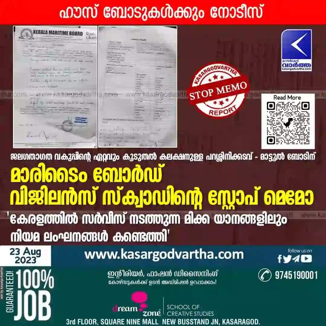 Stop Memo | ജലഗതാഗത വകുപ്പിന്റെ ഏറ്റവും കൂടുതൽ കലക്ഷനുള്ള പറശ്ശിനിക്കടവ് - മാട്ടൂൽ ബോടിന് മാരിടൈം ബോർഡ് വിജിലൻസ് സ്ക്വാഡിന്റെ സ്റ്റോപ് മെമോ; 'കേരളത്തിൽ സർവീസ് നടത്തുന്ന മിക്ക യാനങ്ങളിലും നിയമ ലംഘനങ്ങൾ കണ്ടെത്തി'