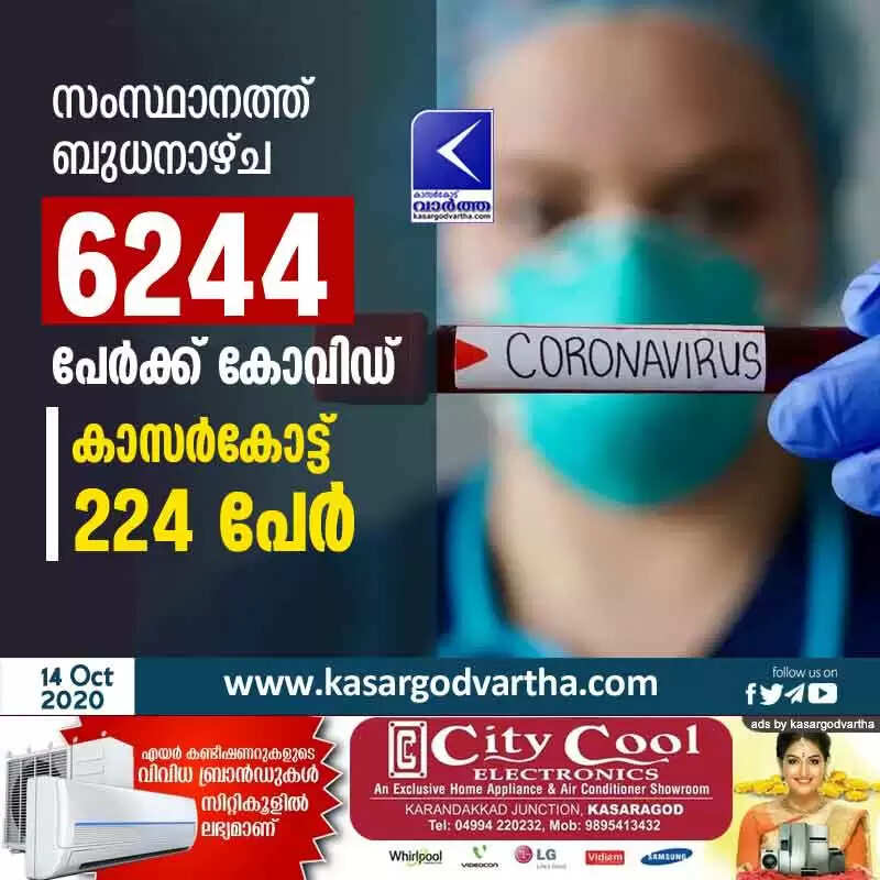 സംസ്ഥാനത്ത് ബുധനാഴ്ച 6244 പേര്ക്ക് കോവിഡ്; കാസര്കോട്ട് 224 പേര്