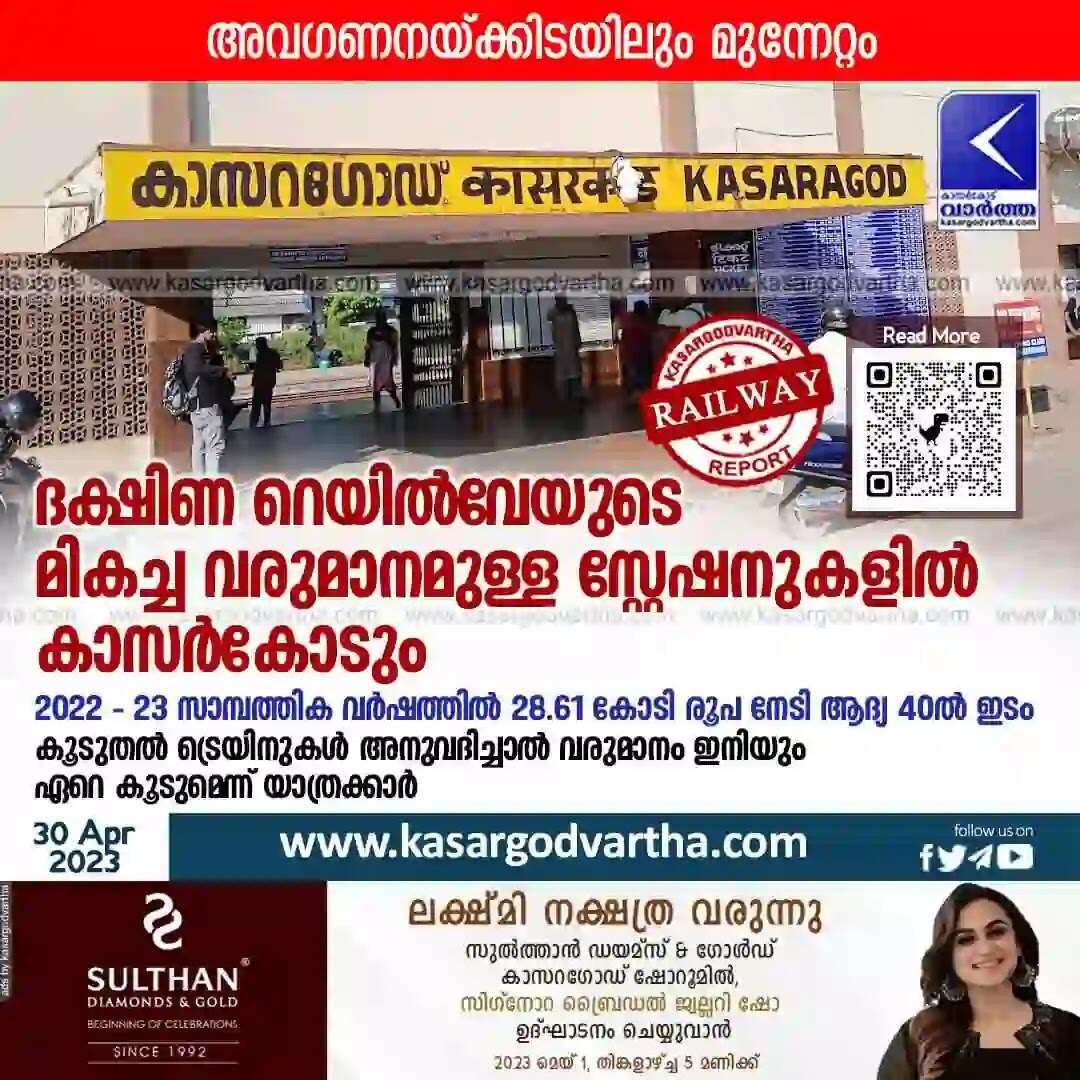 Railway | ദക്ഷിണ റെയില്വേയുടെ മികച്ച വരുമാനമുള്ള സ്റ്റേഷനുകളില് കാസര്കോടും; 2022 - 23 സാമ്പത്തിക വര്ഷത്തില് 28.61 കോടി രൂപ നേടി ആദ്യ 40ല് ഇടം; കൂടുതല് ട്രെയിനുകള് അനുവദിച്ചാല് വരുമാനം ഇനിയും ഏറെ കൂടുമെന്ന് യാത്രക്കാര്