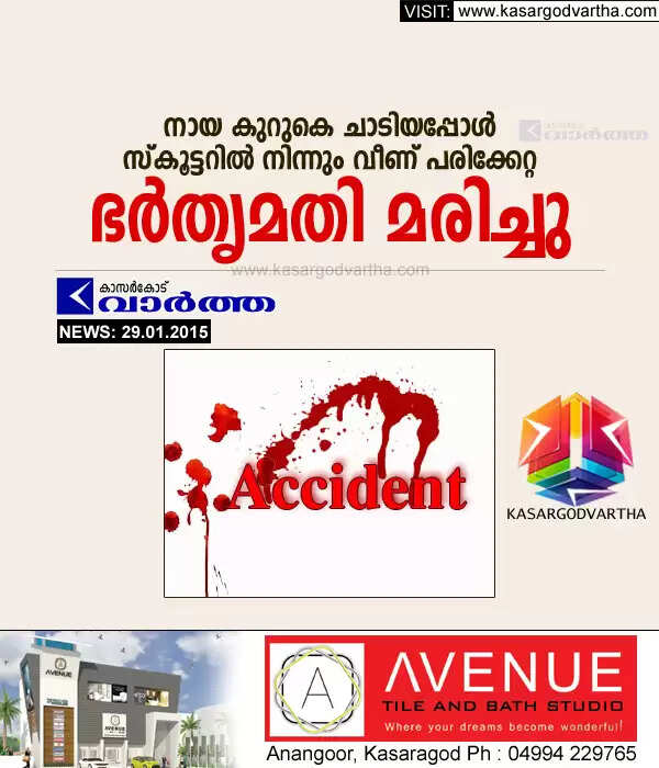 നായ കുറുകെ ചാടിയപ്പോള് സ്കൂട്ടറില് നിന്നും വീണ് പരിക്കേറ്റ ഭര്തൃമതി മരിച്ചു