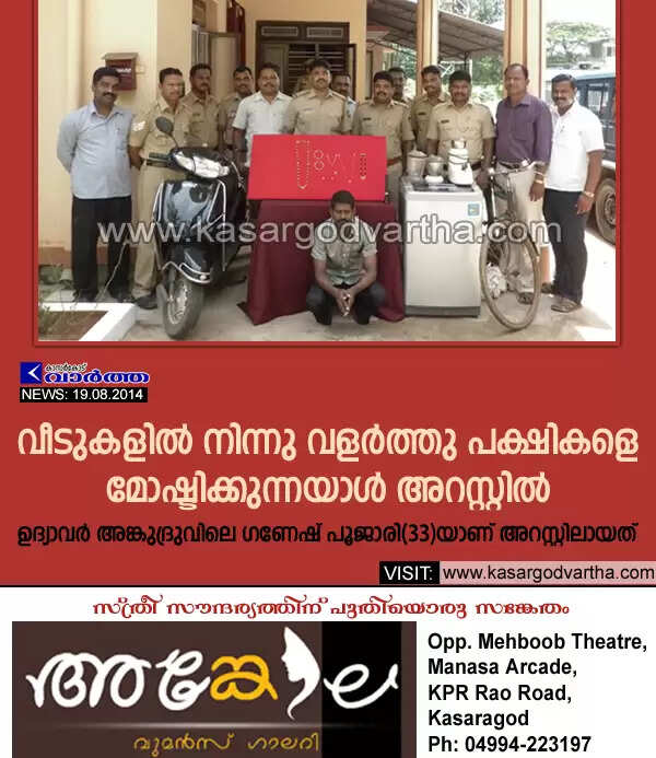 വീടുകളില് നിന്നു വളര്ത്തു പക്ഷികളെ മോഷ്ടിക്കുന്നയാള് അറസ്റ്റില്