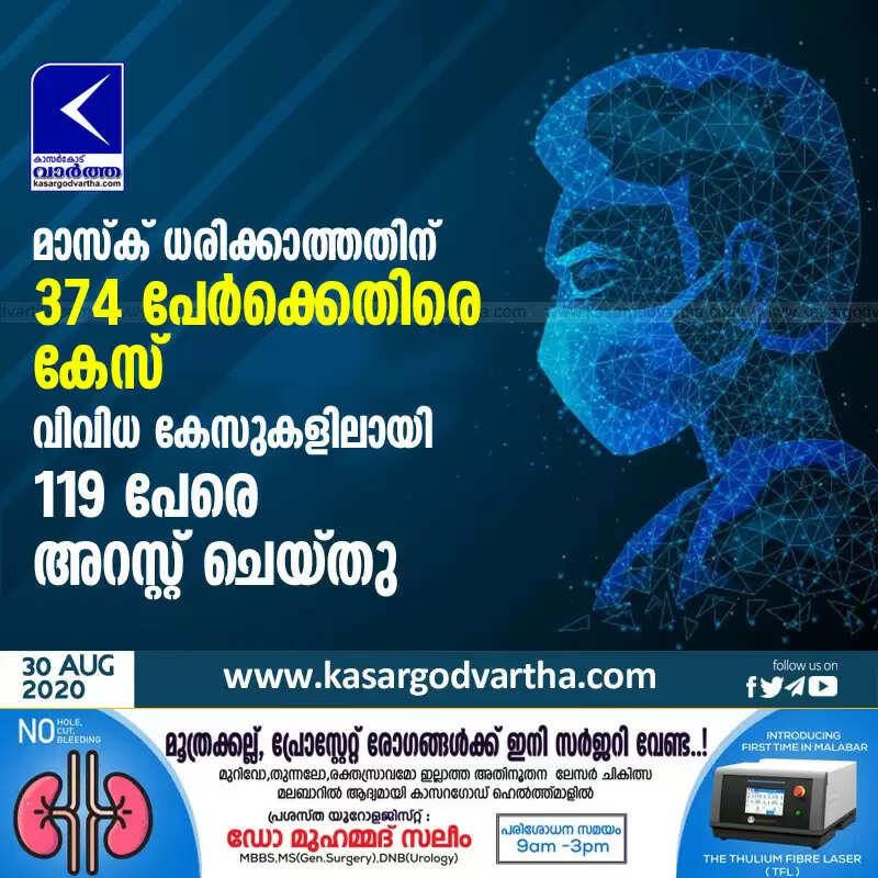 മാസ്ക് ധരിക്കാത്തതിന് 374 പേര്ക്കെതിരെ കേസ്; വിവിധ കേസുകളിലായി 119 പേരെ അറസ്റ്റ് ചെയ്തു