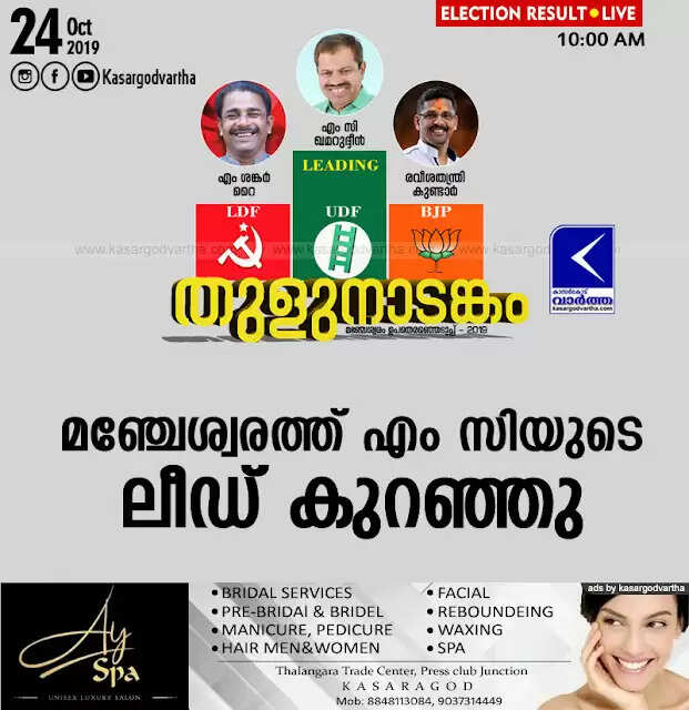 മഞ്ചേശ്വരത്ത് എം സിയുടെ ലീഡ് കുറഞ്ഞു