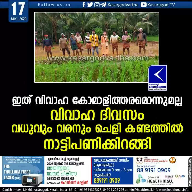 ഇത് വിവാഹ കോമാളിത്തരമൊന്നുമല്ല; വിവാഹ ദിവസം വധുവും വരനും ചെളി കണ്ടത്തില് നാട്ടിപണിക്കിറങ്ങി