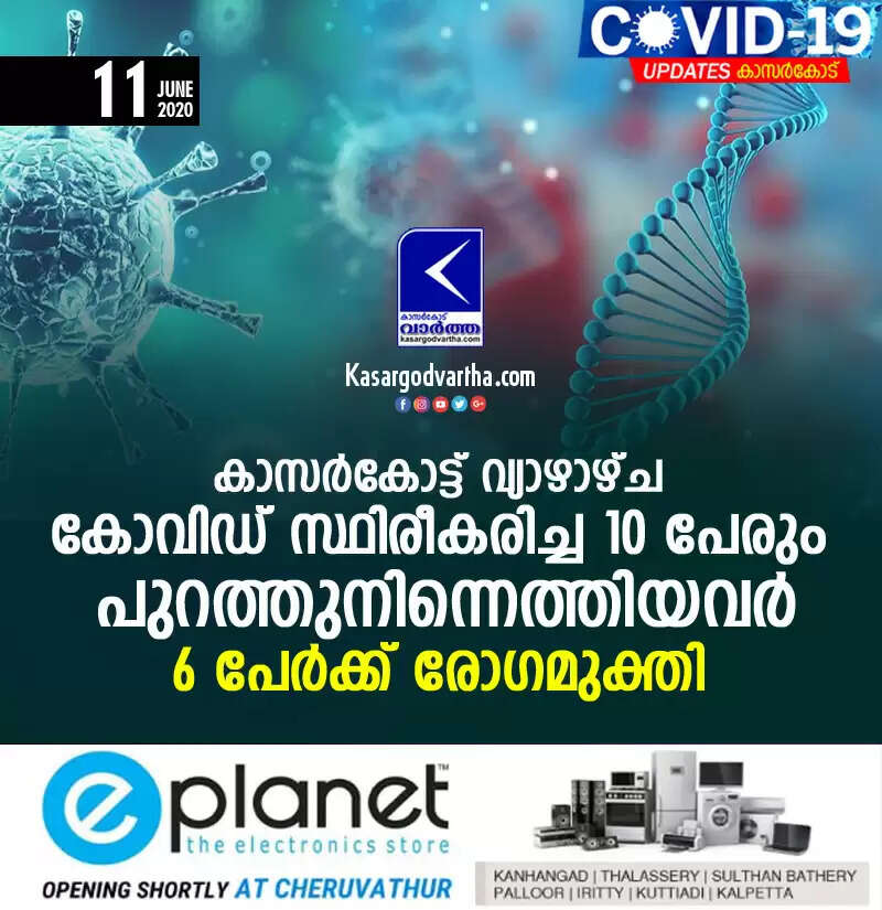 കാസര്കോട്ട് വ്യാഴാഴ്ച കോവിഡ് സ്ഥിരീകരിച്ച 10 പേരും പുറത്തുനിന്നെത്തിയവര്; 6 പേര്ക്ക് രോഗമുക്തി