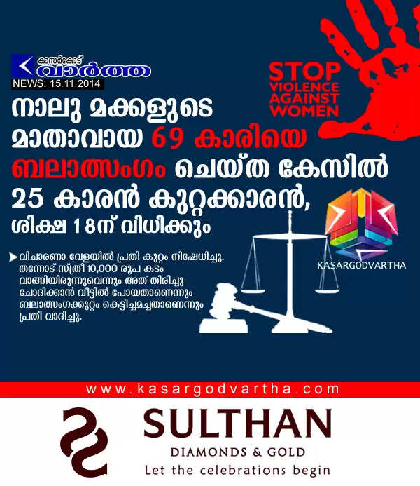 നാലു മക്കളുടെ മാതാവായ 69 കാരിയെ ബലാത്സംഗം ചെയ്ത കേസില് 25 കാരന് കുറ്റക്കാരന്, ശിക്ഷ 18ന് വിധിക്കും