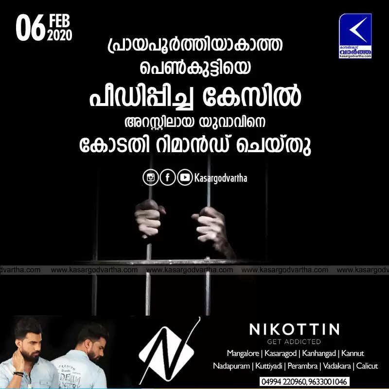 പ്രായപൂര്ത്തിയാകാത്ത പെണ്കുട്ടിയെ പീഡിപ്പിച്ച കേസില് അറസ്റ്റിലായ യുവാവിനെ കോടതി റിമാന്ഡ് ചെയ്തു