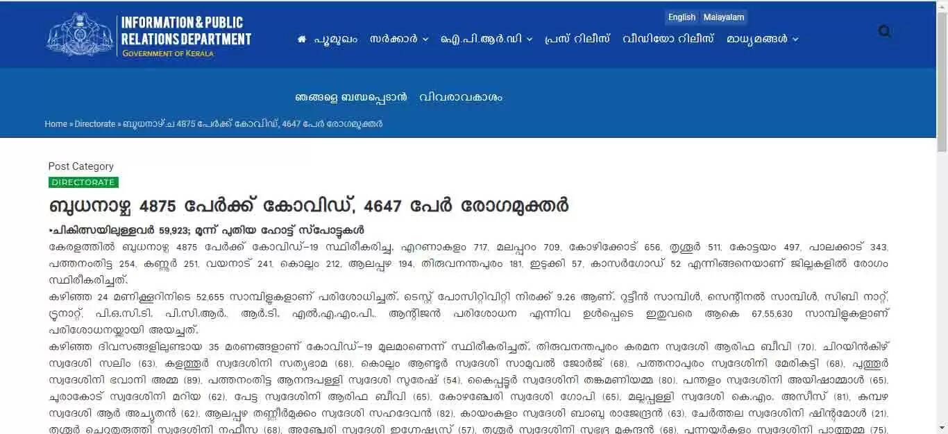 സംസ്ഥാനത്ത് ബുധനാഴ്ച 6185 പേര്ക്ക് കോവിഡ്; കാസര്കോട് 60 പേര്