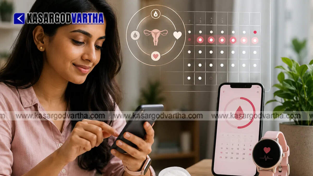Conceptual image showing a woman using an AI period tracking app on her smartphone