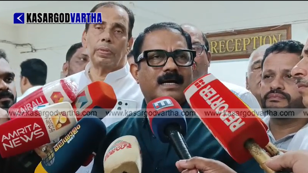 Minister KM Shaji speaking to the media in Kasaragod.