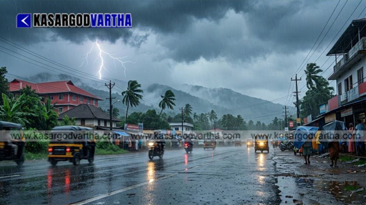 Heavy rain lashing a standard street in Kerala with dark cloudy skies and trees swaying in gusty winds.