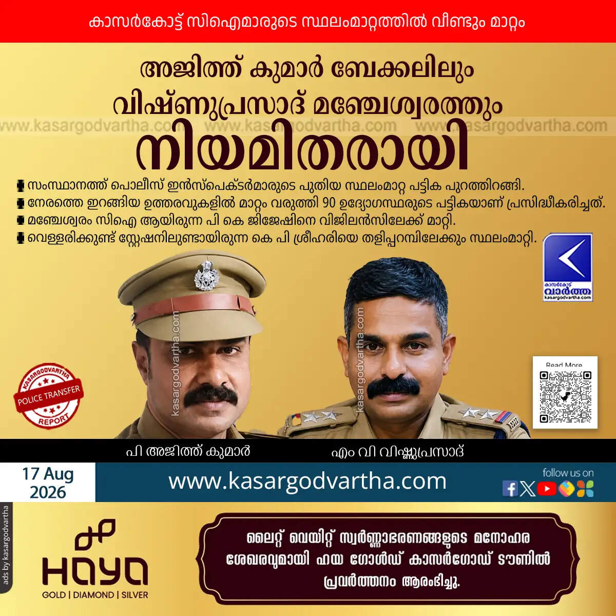 kasaragod police inspector transfer list updated 2026