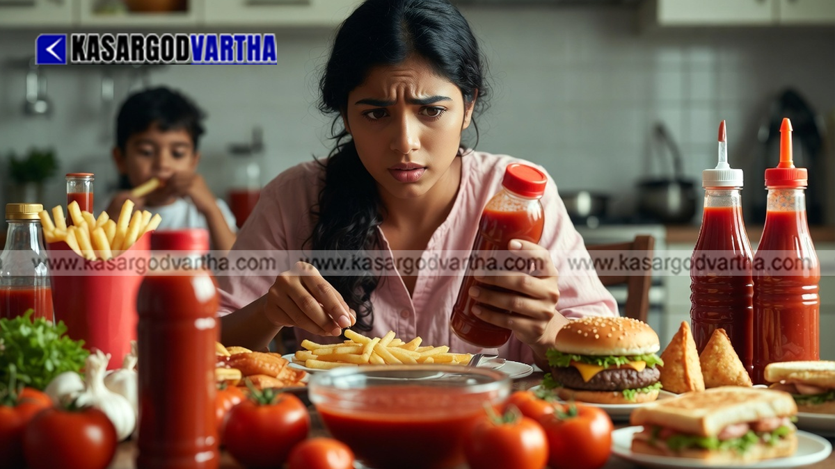 Conceptual image showing tomato sauce being poured with a warning sign about hidden sugar and salt.