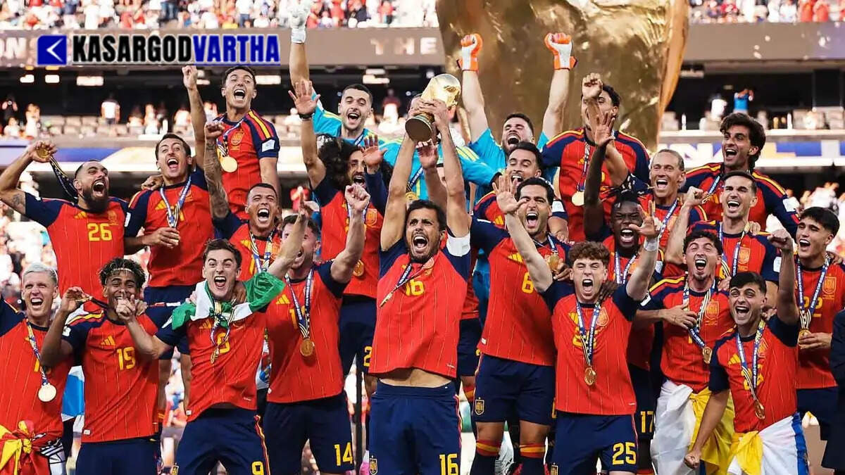 Conceptual image of Spain football team celebrating with the 2026 FIFA World Cup trophy