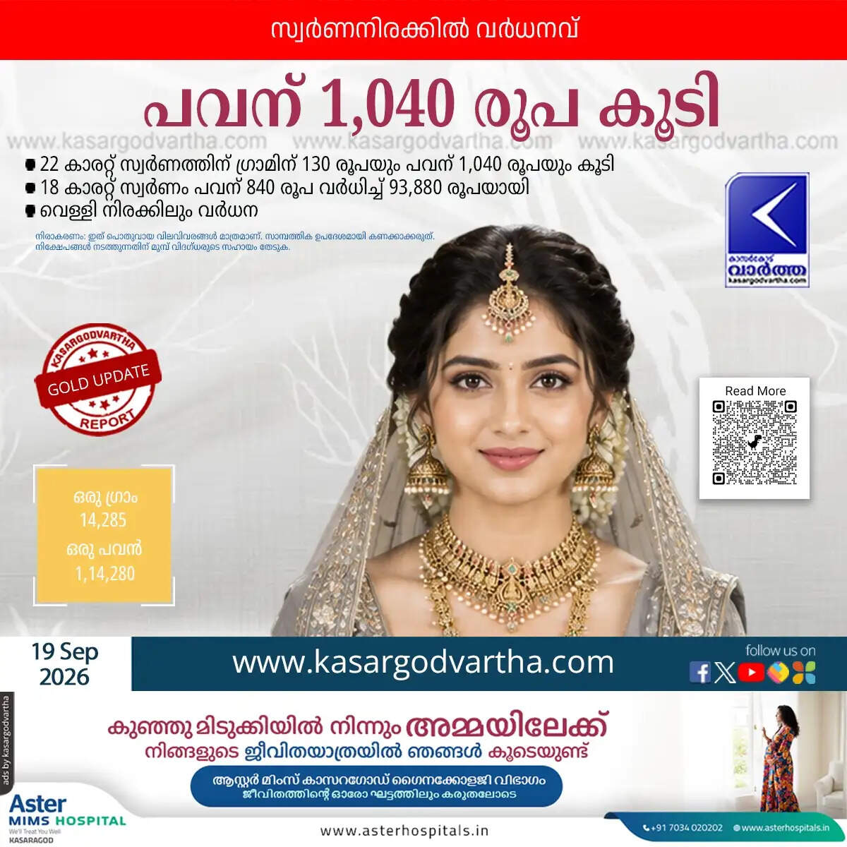 gold price rises again kerala september 19 2026 sovereign