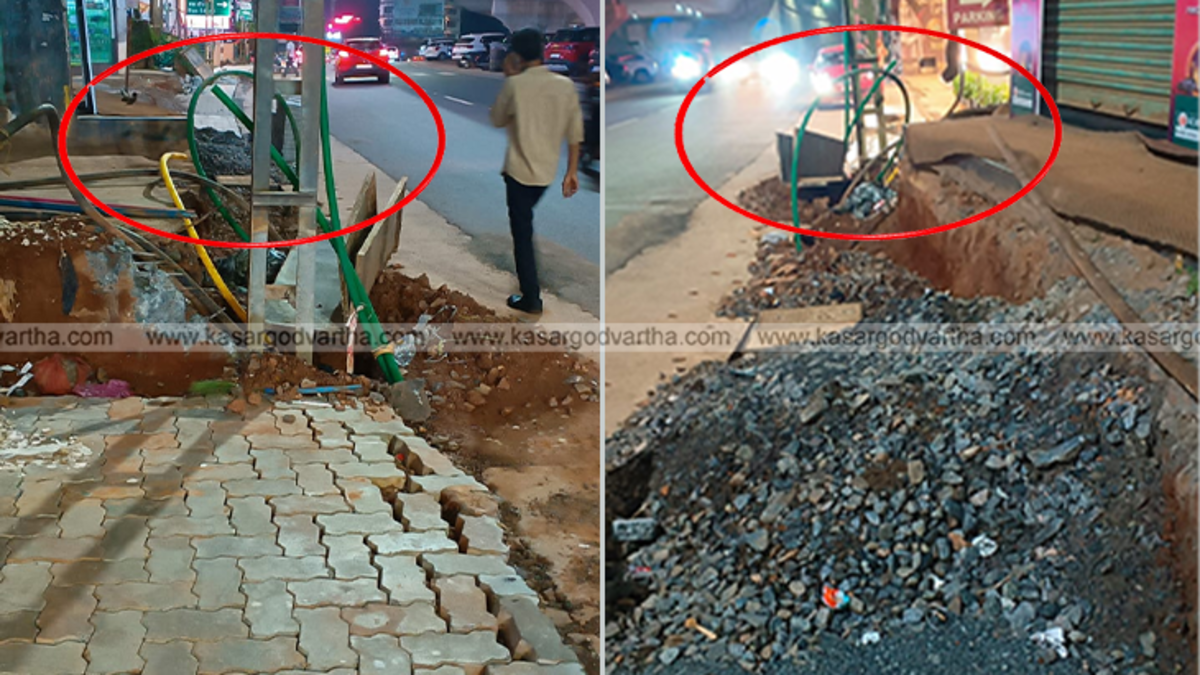 Stalled footpath construction next to a building in Kasaragod